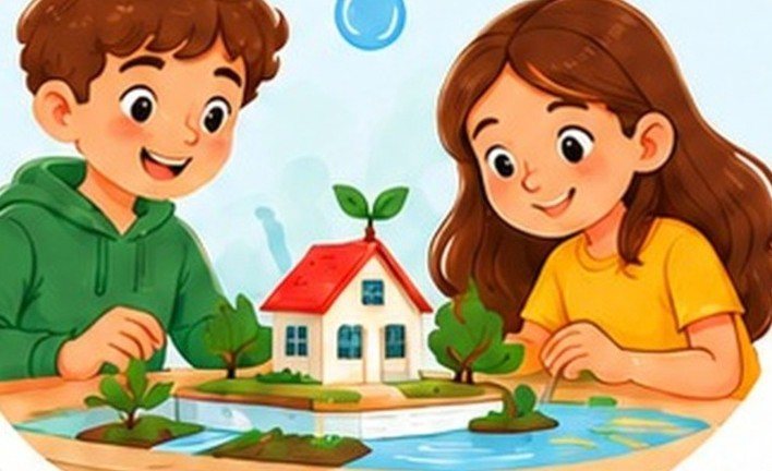 Ilustración: dos niños observan una maqueta de una casa con agua y plantas