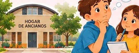 Ilustración: niños frente a un hogar de ancianos