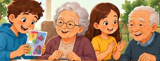 Ilustración: niños compartiendo actividades con adultos mayores